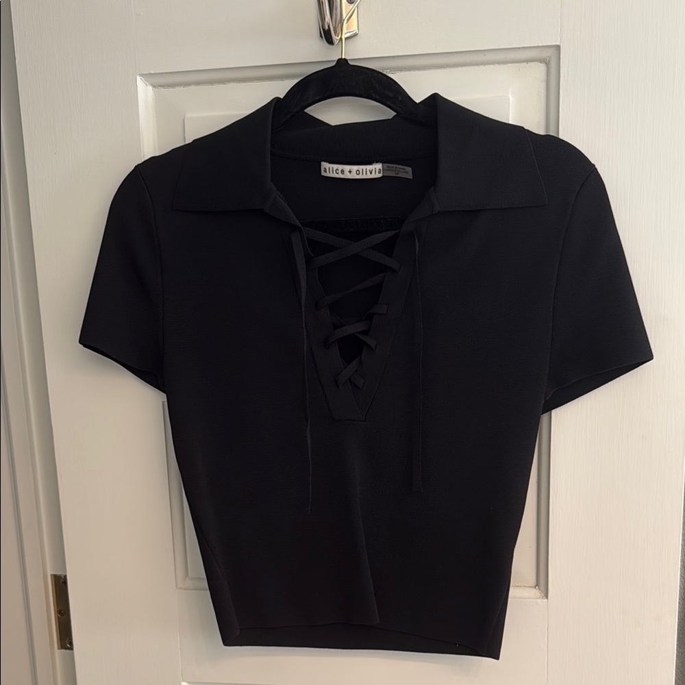 Alice + Olivia Black Crop Tie Front Polo Blouse